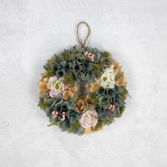 10" Tan & Blue Wooden Floral Wreath